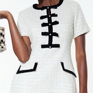 River Island Cream Boucle Tweed Bow Mini Dress